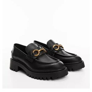 Mango Black Leather Lug Sole Loafers with Gold Chain Detail